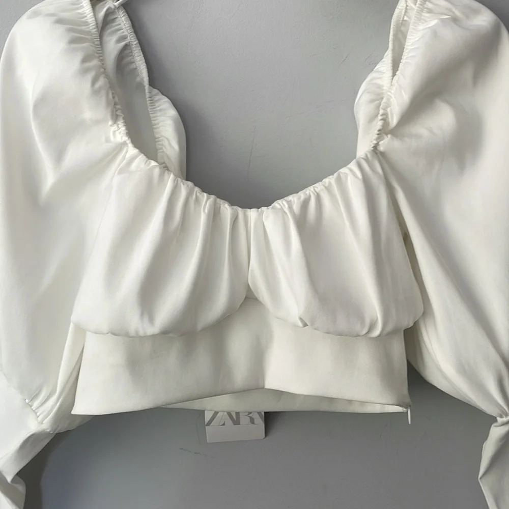 Zara White Puff Sleeve Crop Top Blouse